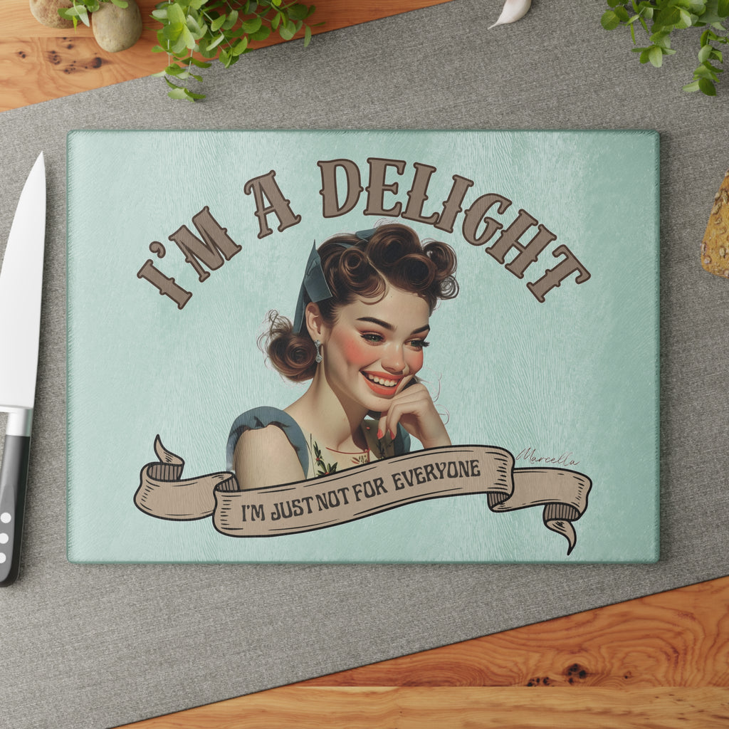 Wren - I'm a Delight — Personalised Glass Cutting Board | Vintage Pin - Up Kitchen Gift - Drop of Bold