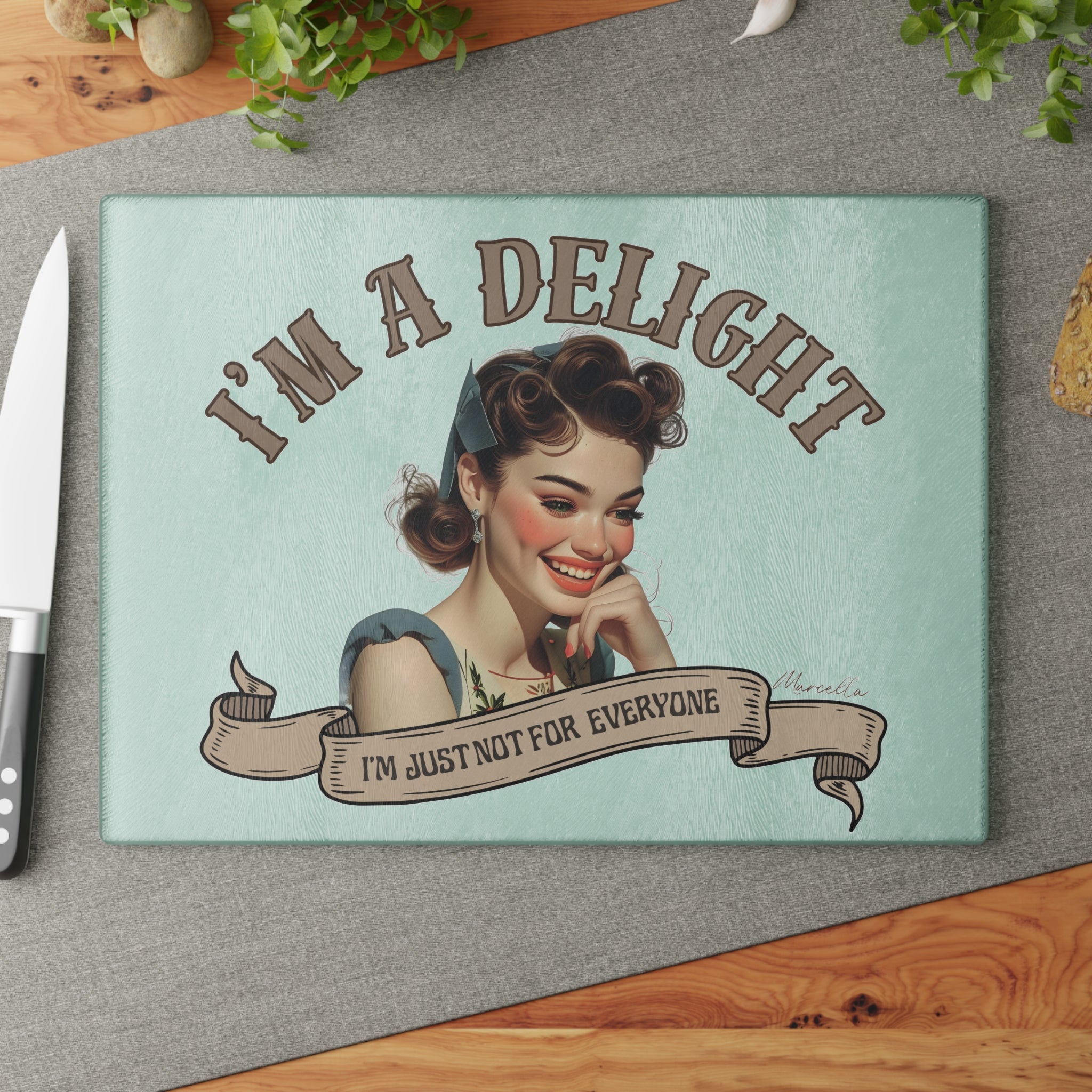 Wren - I'm a Delight — Personalised Glass Cutting Board | Vintage Pin - Up Kitchen Gift - Drop of Bold
