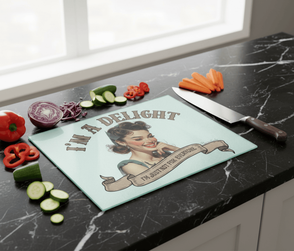 Wren - I'm a Delight — Personalised Glass Cutting Board | Vintage Pin - Up Kitchen Gift - Drop of Bold