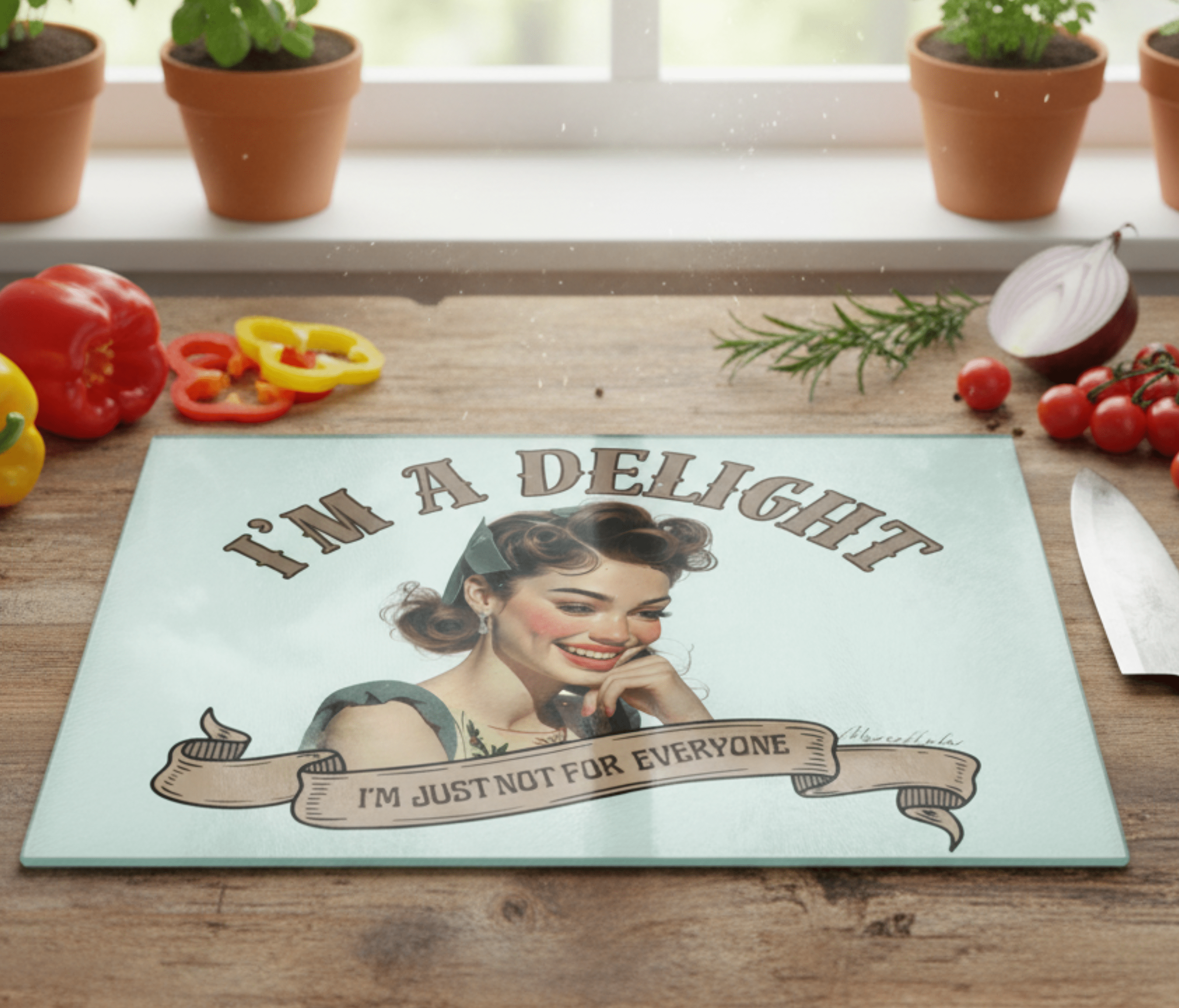 Wren - I'm a Delight — Personalised Glass Cutting Board | Vintage Pin - Up Kitchen Gift - Drop of Bold