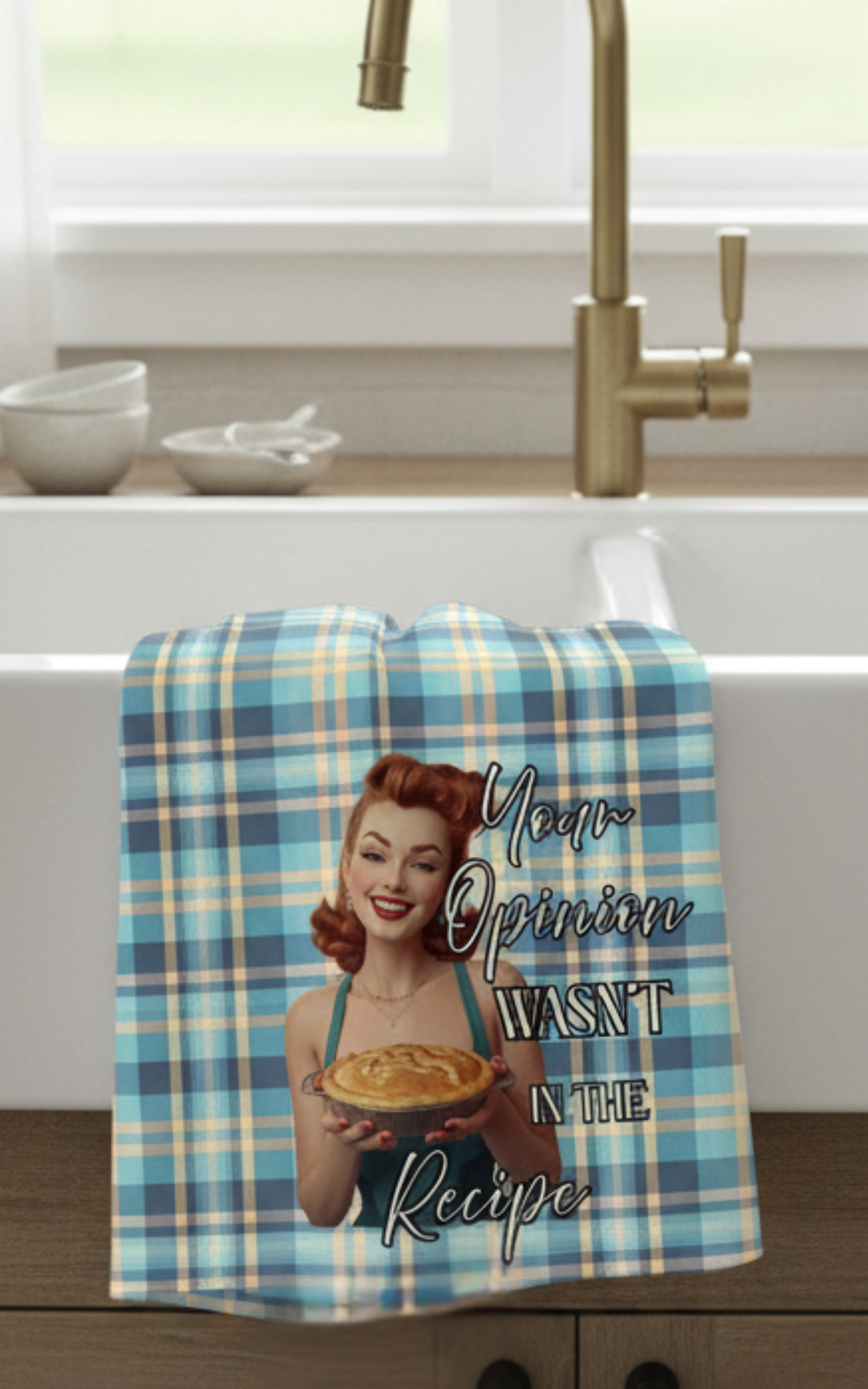 Personalized Vintage Pin-Up Tea Towel — Funny Kitchen Gift — Your Opinion Wasn't in the Recipe — Retro Home Decor