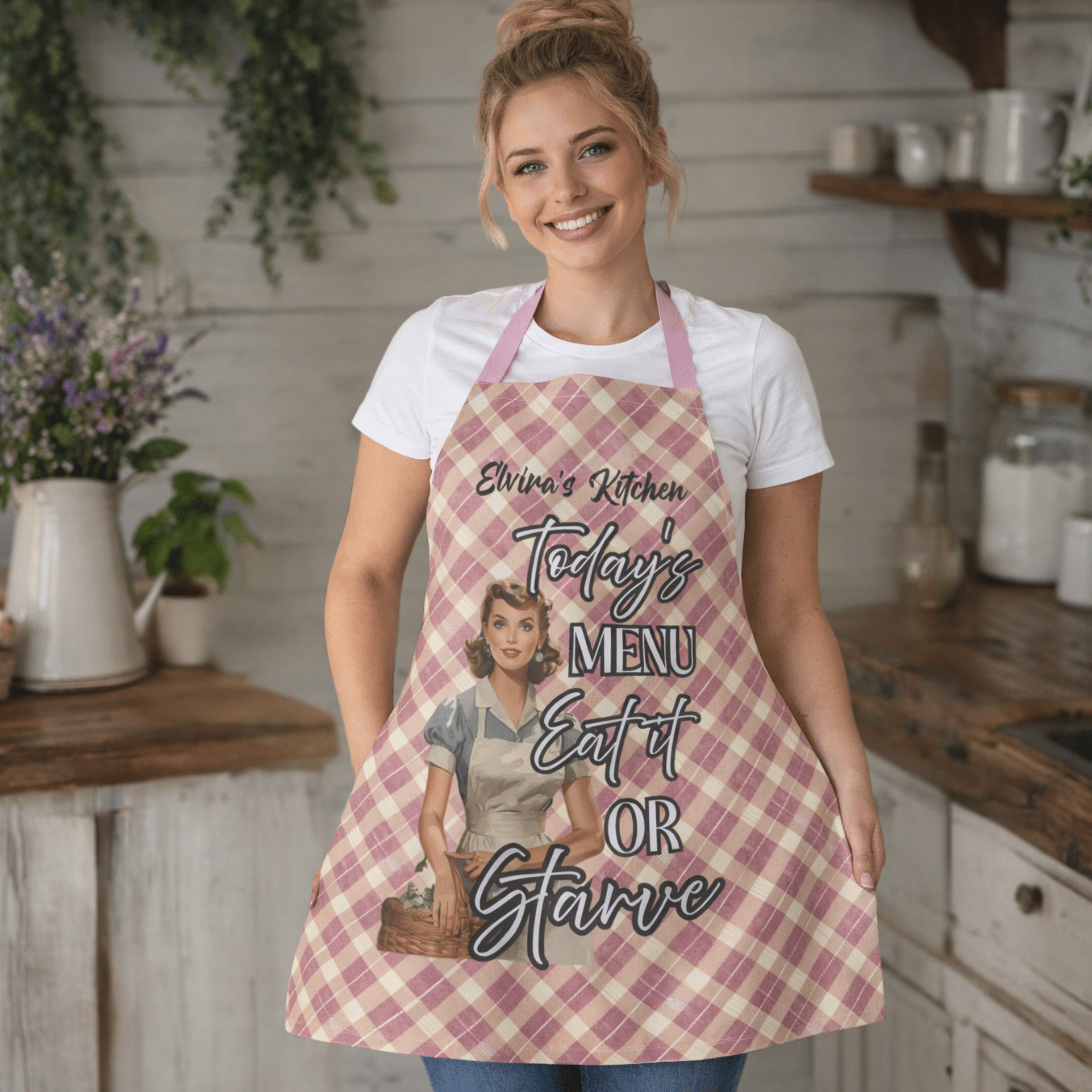 Personalised Vintage Pin - Up Kitchen Apron | Funny Retro Apron | Mother's Day Gift | Custom Name Apron | Multiple Designs Available - Drop of Bold