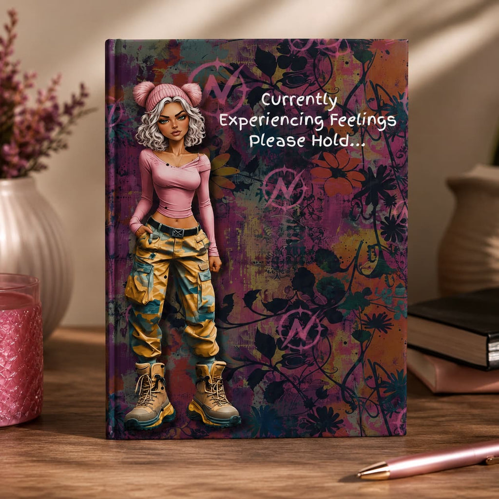 Nova Currently Experiencing Feelings. Please Hold — Hardcover Journal - Blank Pages - Funny Gift for Her
