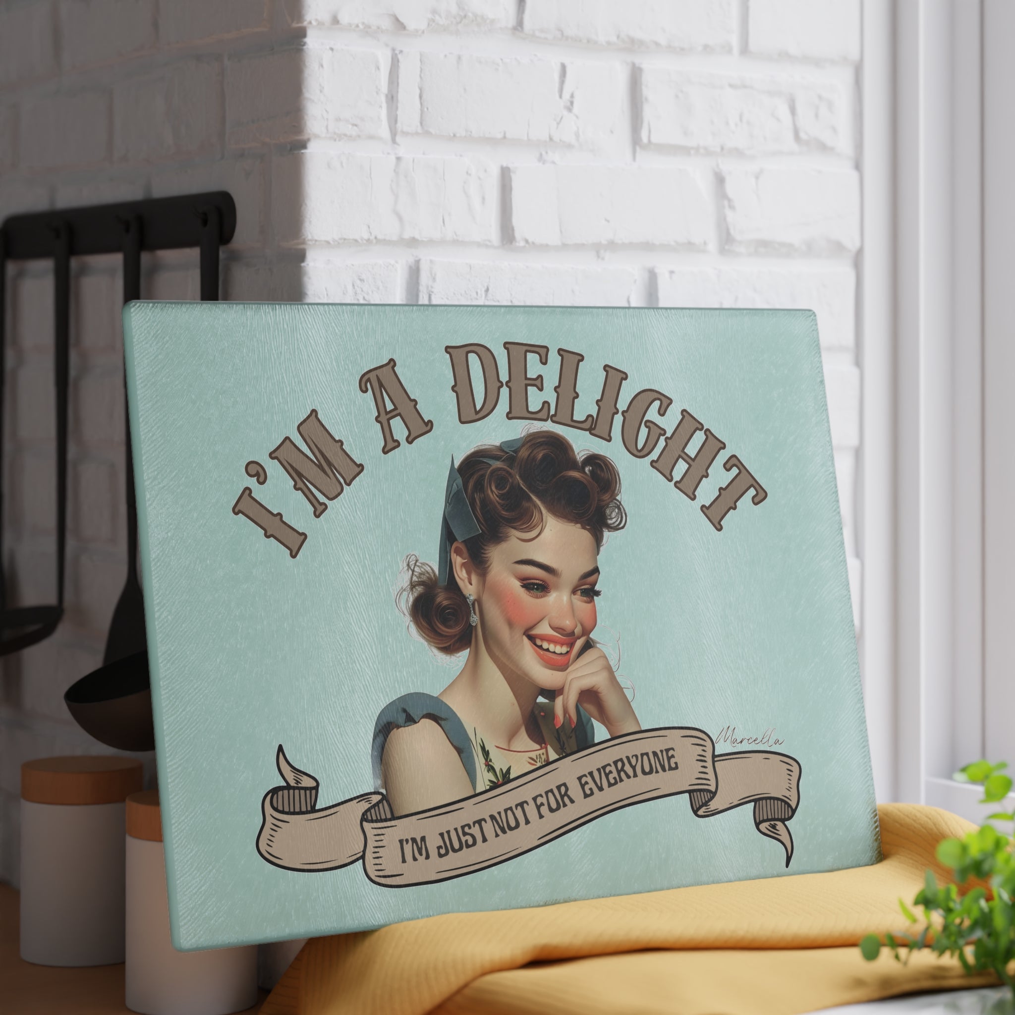 Wren - I'm a Delight — Personalised Glass Cutting Board | Vintage Pin - Up Kitchen Gift - Drop of Bold