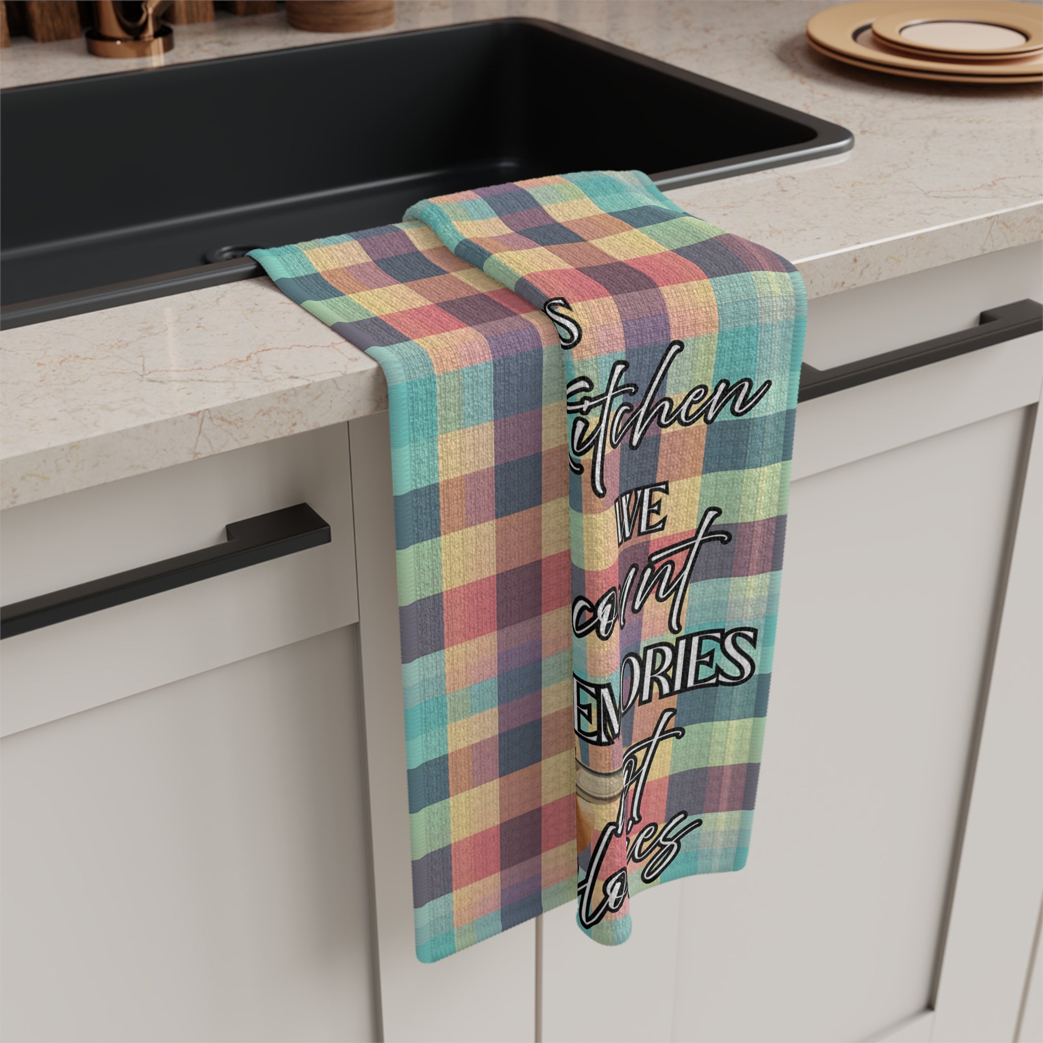 In This Kitchen We Count Memories Not Calories" Vintage Pin - Up Tea Towel | Retro Kitchen Décor | Funny Housewarming Gift | Personalised Option Available - Drop of Bold