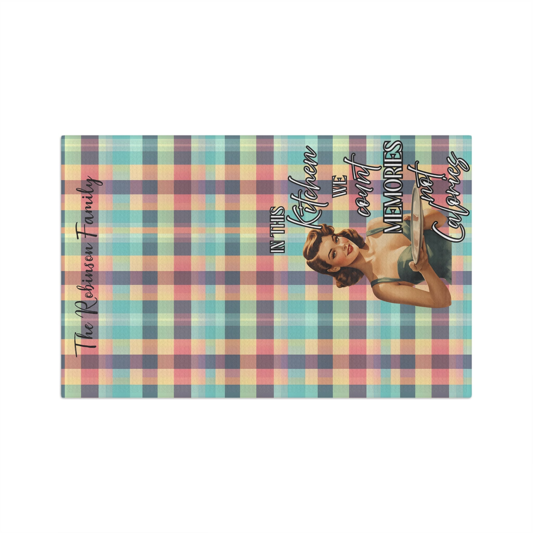 In This Kitchen We Count Memories Not Calories" Vintage Pin - Up Tea Towel | Retro Kitchen Décor | Funny Housewarming Gift | Personalised Option Available - Drop of Bold